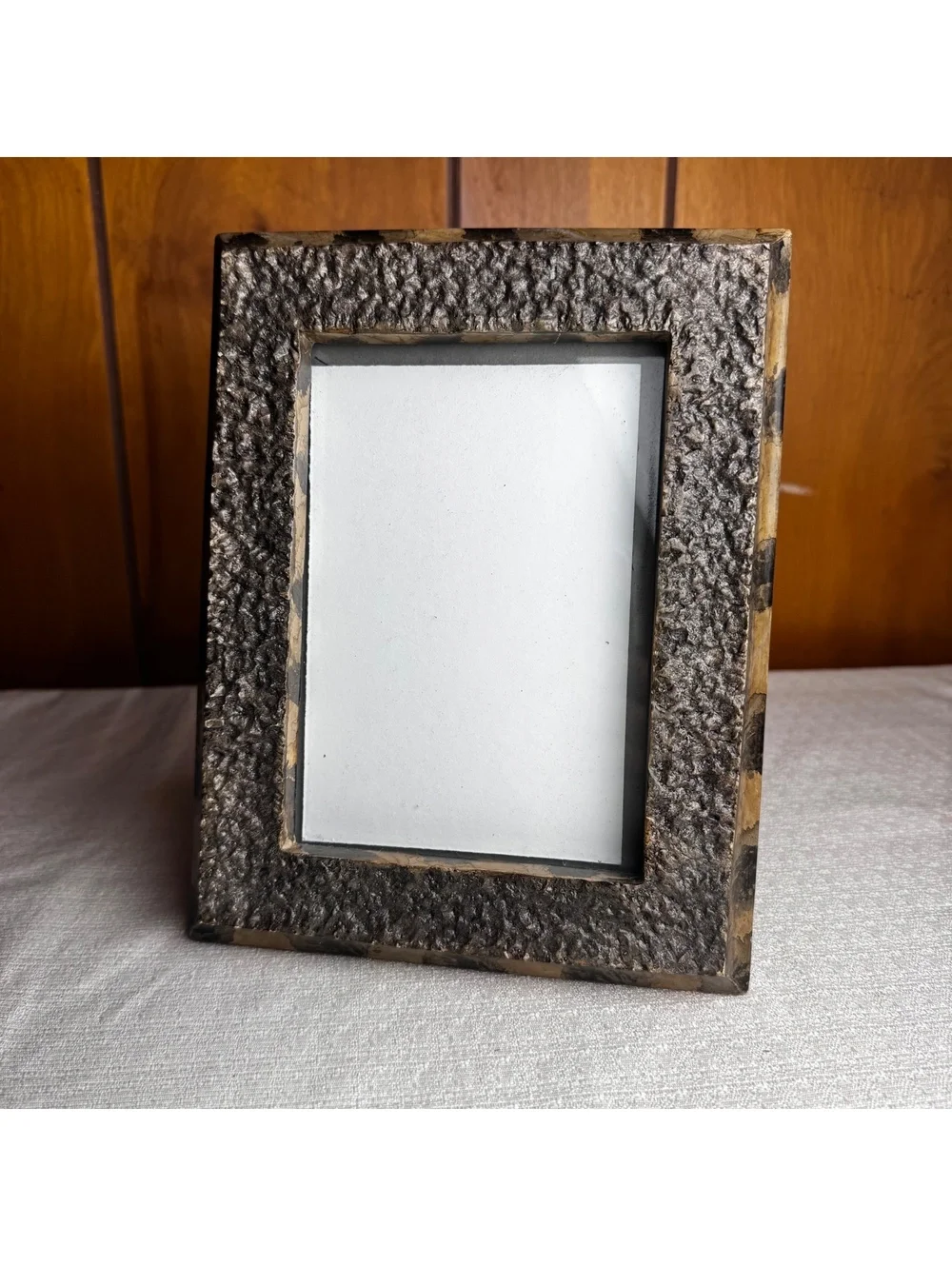 Vintage 5x7 Textured Silver Tone Photo Frame Distressed Black Gold Easel Back